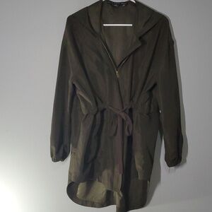 Hyfve jacket women's size large green long modest zippered fabric hooded cinch